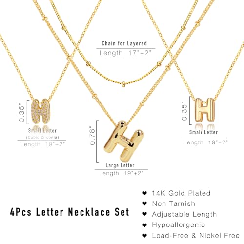 stino 4PCs Bubble Initial Letter Necklace Set, No Tarnish 14K Gold Plated Alphabet Pendant, Jewelry for Women - style: H