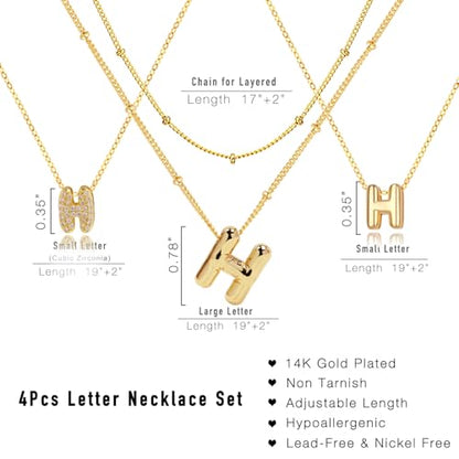 stino 4PCs Bubble Initial Letter Necklace Set, No Tarnish 14K Gold Plated Alphabet Pendant, Jewelry for Women - style: H