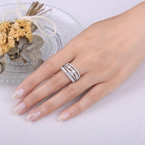 JewelryPalace Princess Emerald Cut CZ Stackable Wedding Ring Eternity Bands for Women, Cubic Zirconia 925 Sterling Silver 14k Yellow Rose Gold Plated Promise Ring for Her, 4pc Anniversary Ring Sets - color: D-4Pcs-Sterling Silver
