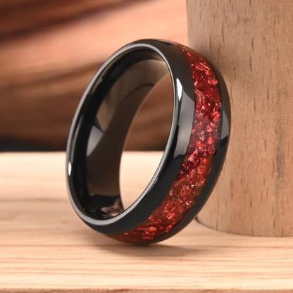 Tungsten Rings for Men and Women 8mm/4mm Men’s Wedding Bands | 8mm Black Inlaid Purple Galaxy Opal Fashion High Polished Suitable for engagement and anniversary parties comfortable fit - color: 8mm black and red