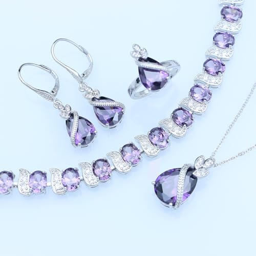 GZWHD Jewelry Set for Women CZ Earrings Necklace Ring Bracelet Set Prom Party Wedding Jewelry Gift for Mother Friend Wife - color: A-Purple