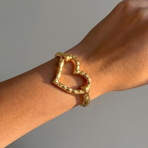 Moodear Chunky Gold Bangle Bracelets for Women, 14K Gold Plated/Silver Cuff | Chunky Statement Jewelry with Hammered Texture, Non Tarnish Gold Plated Finish, Unique Cuff Design, Lightweight Comfort - style: Heart Bangle Gold 18.5cm （≈7IN）
