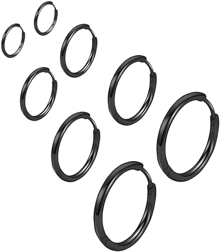 316L Surgical Stainless Steel Huggie Hoop Earrings 6mm 8mm 10mm 11mm 12mm 14mm Hypoallergenic Earrings Hoop Cartilage Helix Lobes Hinged Sleeper Earrings For Men Women - style: "(D6/8/10/12) THK 1.5mm V Black"