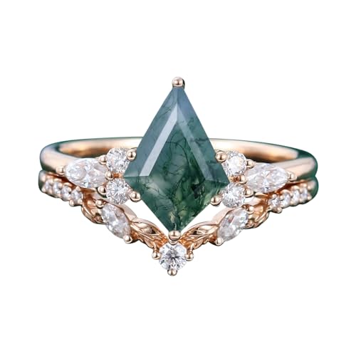 Natural Moss Agate Leafy Vintage Bridal Sets Wedding Rings for Women, 10K 14K 18K Solid Gold Kite-Cut Green Moss Agate and Moissanite Engagement Ring for Women Mother Her Jewelry Gift - color: 13-style13