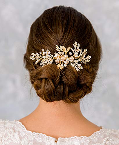 SWEETV Handmade Wedding Hair Comb Clip Rhinestone Bridal Hair Comb Piece, Gold Hair Accessories for Brides Wedding - color: 1.Gold