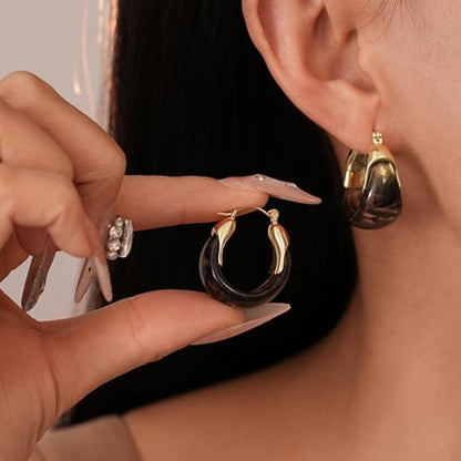 Chunky Brown Resin Hoop Earrings for Women Small Gold Huggie Square Design Trendy Minimalist Jewelry Trendy Wear Gift - color: A3:Black Hoop Earrings