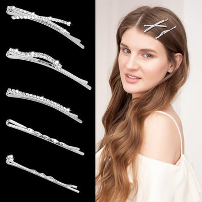 10Pcs Rhinestone Bobby Pins Crystal Diamond Bling Hair Pins Shiny Fancy Metal Barrettes I S X Shaped Hair Accessories for Women Girls Party Wedding Daily (Silver)