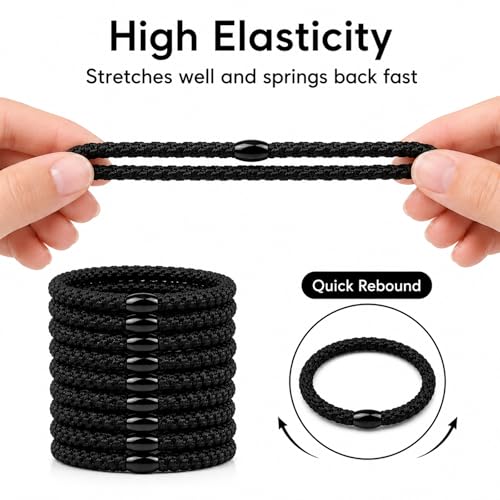10-Piece Hair Ties: Soft Knitted Hair Tie for Thick/Coarse/Curly Hair. Gentle Hair Ties No Damage—Secure & Protect Strands (Black) - color: Black