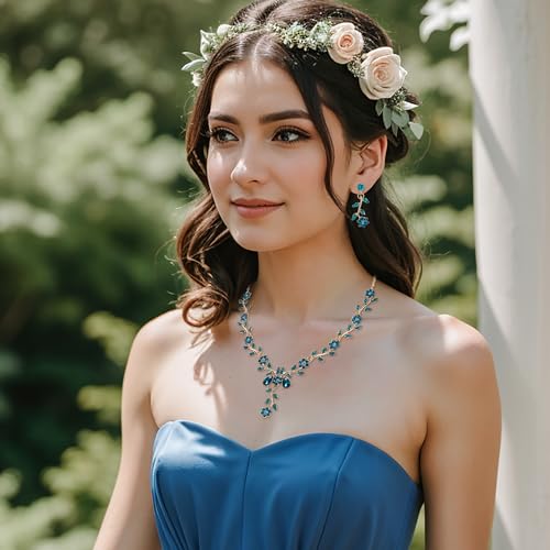Women's Wedding Jewelry Set for Bride,Prom Bridal Accessories | Bling Crystal,Flower Leaf Cluster,Dangle Earrings Pendant Necklace Set,for Bridesmaid,Party Jewellery - color: 08-Blue Topaz Gold-Plated-Base