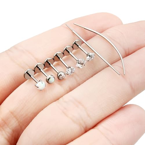F136 Titanium 20/18/16g Internally Threaded Medusa Monroe Lip Ashley Labret Nose Rings Flat Back Tragus Helix Cartilage Conch Screw Stud Earrings Surgical Steel Piercing Jewelry for Women - color: White CZ, size: 20g*1/4in