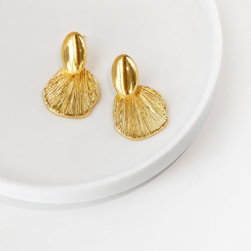 OGD Chunky Gold Statement Earrings For Women Trendy Gold Plated Sectored Flower Leaf Angel Wing Earrings Large Stud Jewlery Hypoallergenic - color: Shell-Gold
