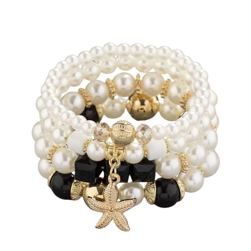 Bohemian Pearl Bracelet Set, 4 Piece Elastic Stretch Beaded Wrist Chain with Starfish Pendant, Boho Faux Pearl Multi-Color Stackable Bracelets for Women - color: Black