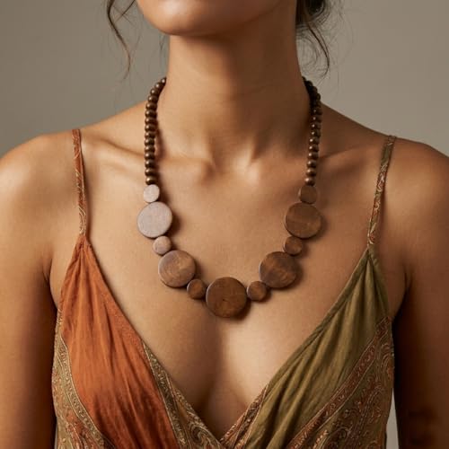 Wood Bead Necklace for Women,Chunky Boho African Necklaces Sweater Chain Brown Necklaces Handmade Wooden Vintage Necklace Bohemia Jewelry Gifts