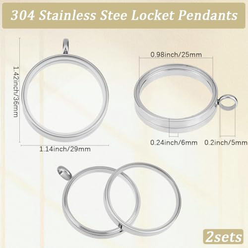 Beebeecraft 1 Box 2Pcs Floating Locket Charms with Glass Round Clear Photo Frame for Memory Picture Pendant Necklace Making - color: Stainless Steel Color