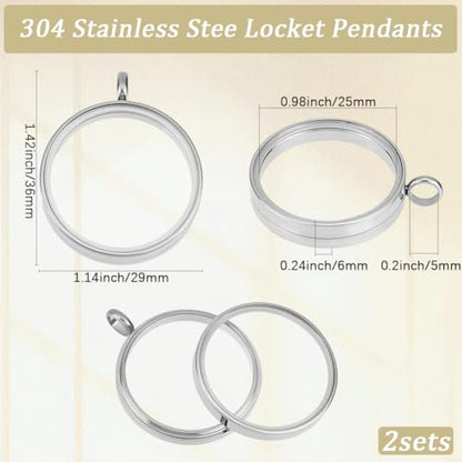 Beebeecraft 1 Box 2Pcs Floating Locket Charms with Glass Round Clear Photo Frame for Memory Picture Pendant Necklace Making - color: Stainless Steel Color