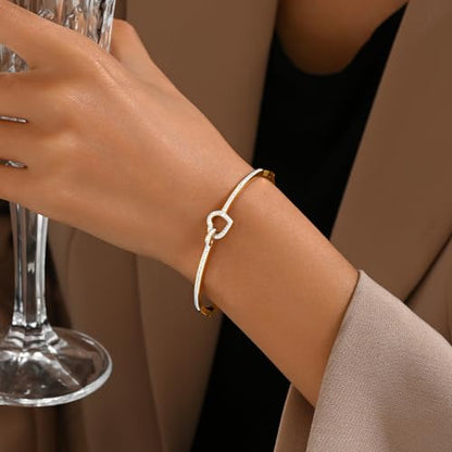 Gold Bangle for Women 18K Gold Plated Bamboo Heart Star Labyrinth Bangle Bracelets Dainty Stainless Steel Jewelry Gifts - color: Love Bangle-Gold