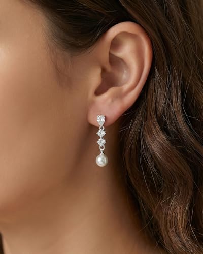 Pearl Earrings - 14K Gold/White Gold/Rose Gold Plated Cubic Zirconia CZ Diaomond Accented Pearl Drop Dangle Earrings for Women Wedding Bridal Prom - color: Silver 3pcs cz