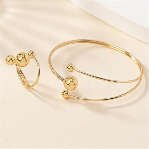 Minimalist Round Ball Bracelet Rings Set for Women Gold-Tone Trendy Simple Open Adjustable Statement Wrap Finger Ring Comfort Fit Fashion Geometric Cuff Stretch Bangle Unique Charm Jewelry