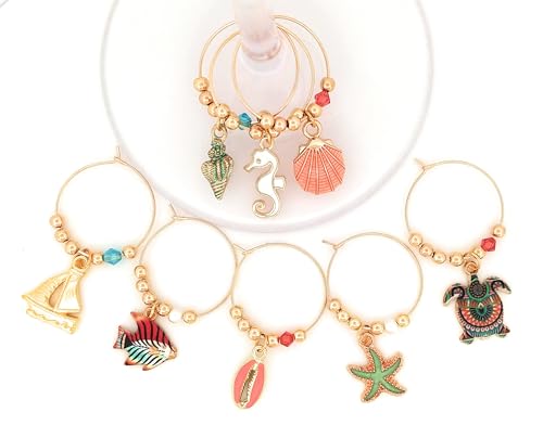 Pixie Beach & Nautical Wine Charms, 8 Piece Set – Seashell, Starfish & Sea Turtle Glass Tag Identifiers, Summer Party Favors & Host Gift