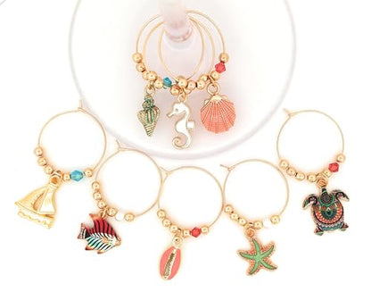 Pixie Beach & Nautical Wine Charms, 8 Piece Set – Seashell, Starfish & Sea Turtle Glass Tag Identifiers, Summer Party Favors & Host Gift