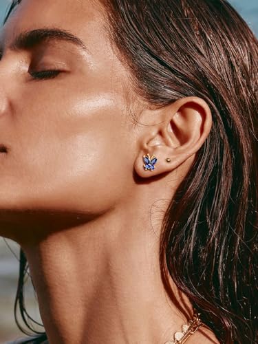 Suplight Butterfly Stud Earrings 925 Sterling Silver 14K Gold Brithstone Earrings for Women Brithstone Jewelry Gifts - color: 09.September ( Sapphire), size: Gold