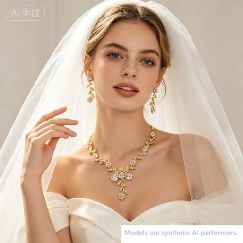 Kamirola Women's Wedding Jewelry Leaf Cluster Flower Crystal Dangle Earrings Pendant Necklace Set for BridalCrystal Bridal Jewelry Set - color: Gold White
