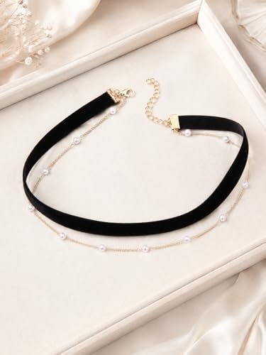 Red Velvet Choker for Women Layered Peal Pendant Choker Necklace Adjustable Gothic Tattoo Ribbon Chokers Classic Collar Necklaces for Women - color: Black