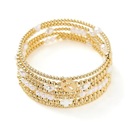 Gold Cross Beaded Bracelets for Women Set, Dainty Gold Plated & Pearl Stackable and Layered Bracelets with Polymer Clay Cross, Stretch Layered Bracelet Stack for Women Girls Trendy Boho Jewelry Gifts