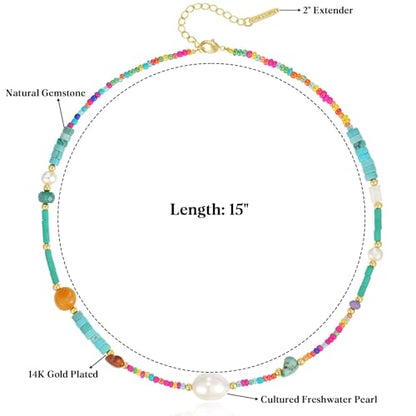 KissYan Beaded Choker Necklace for Women, Colorful Natural Gemstones Pearl Choker 14K Gold Plated Pendant Healing Crystal Necklace Handmade Stone Jewelry Gift | 14K Gold Plated Pendant Necklaces, Natural Gemstones Pearl Choker, Healing Crystal Chain, Hand
