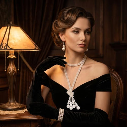 8pcs Faux Pearl Jewelry Set Elegant Pearl Earring and Necklace Set | 1920s retro style, 8 mix-and-match wearable piece, lightweight all-day wear, all-scene applicable, wedding bridal shower gift