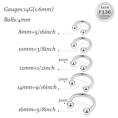 20G 18G 16G 14G 12G Horseshoe Nose Ring Titanium Septum Rings Piercing Jewelry Cartilage Conch Helix Rook Lip Tragus Earring Hoop Eyebrow Retainer For Women Men 6mm 8mm 10mm 12mm 14mm 16mm 19mm - size: Ball: 14G - 16MM