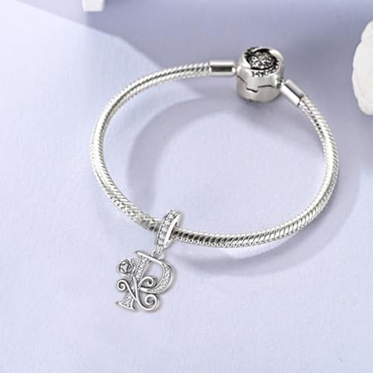 LNQOBU Complete A~Z Alphabet Charm Letter Beads, Solid 925 Sterling Silver with Cubic Stones Rose Alphabet Charm fits Pandora Bracelets Necklace Women Jewelry - color: CYT-P