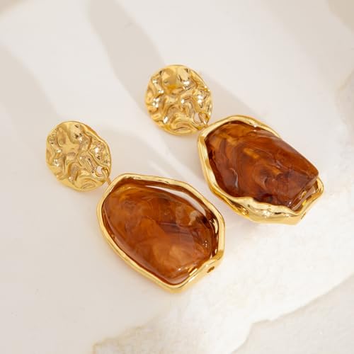 Irregular Crystal Dangle Earrings for Women Gold Textured Gemstone Earrings Geometric Acrylic Stud Earring Jewelry Gift - color: Brown