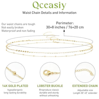 14K Gold Plated Waist Chain for Women, Layered Belly Body Chain | 2Pcs Adjustable Fit, Layered Design, Dainty Chain Styles, Bikini, Dress & Rave Outfits, Beach, Festival & Vacation - color: Gold-Plated 10