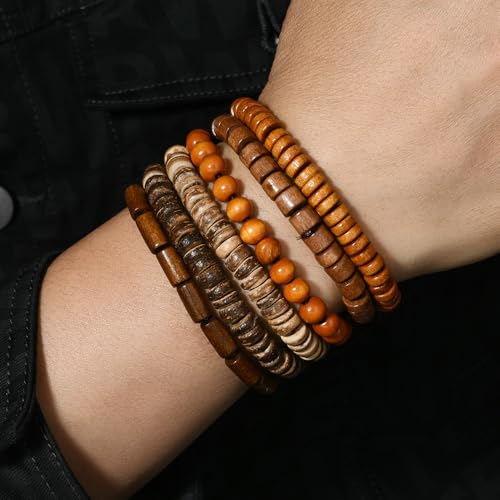 5pcs Wooden Bead Bracelet Set with Charm and Tassel for Men & Women - Stackable Boho Bracelets, Amber Color Scheme Adjustable Bracelet - color: Brown Brown