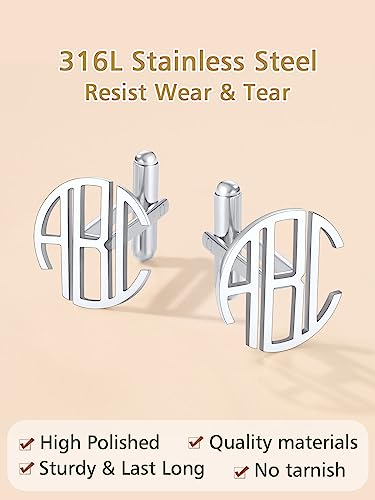 FindChic Stainless Steel Round Cufflinks with Custom Text/Picture/Monogram Letters 18K Gold Plated/Black Color for Men Groom Suits Shirts, with Gift Box - style: 03. custom 3 letters (stainless steel)