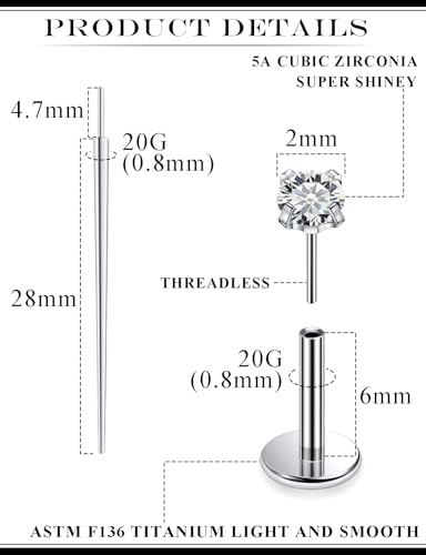 20G 18G 16G F136 Titanium Threadless Flat Back Earrings Nose Studs Tragus Forward Helix Conch Cartilage Lobe Earrings Medusa Labret Snake Bite Monroe Lip Ring Piercing Jewelry For Women Men - size: 20G-6MM Bar-CZ 2MM