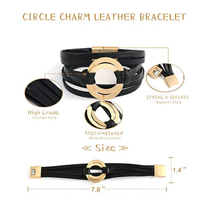 hotoo Circle Charm Bracelets for Women Handmade Leather Wrap Bracelets for Couples Friendship Bracelet Bohemian Cuff Bangle Boho Jewelry Gift - color: Black