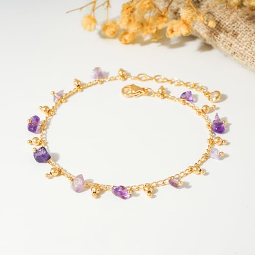 Gold Chain Bracelet for Women, 14K Gold Plated | Dainty Bracelets with Adjustable Chain, Trendy Jewelry Gift for Women - style: purple stone