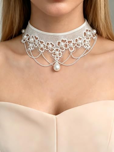 Lace Choker Necklace for Women Tassel Pendant Choker Necklaces Elegant Boho Collar Necklaces Statement Artistic Chain Necklace with Pearl Halloween Party Cosplay Costume Jewelry - color: White Lace pearl-3