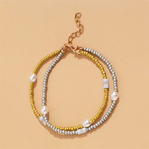 YienDoo Boho Layered Pearl Anklet Bracelet Gold Silver Faux Pearl Ankle Chain Layered Charm Anklet Minimalist Summer Beach Anklet Foot Jewelry Gifts for Women Girls