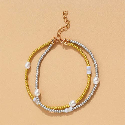 YienDoo Boho Layered Pearl Anklet Bracelet Gold Silver Faux Pearl Ankle Chain Layered Charm Anklet Minimalist Summer Beach Anklet Foot Jewelry Gifts for Women Girls