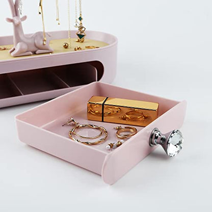 MORE&LESS Antlers Jewelry Display Stand with Drawer and Crystal Handle, Tree Tower Rack Hanging Organizer for Ring Earrings Necklace Bracelet - color: C Light Pink-Drawer-Crystal Handle