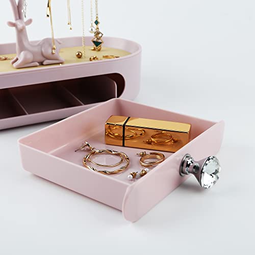 MORE&LESS Antlers Jewelry Display Stand with Drawer and Crystal Handle, Tree Tower Rack Hanging Organizer for Ring Earrings Necklace Bracelet - color: C Light Pink-Drawer-Crystal Handle