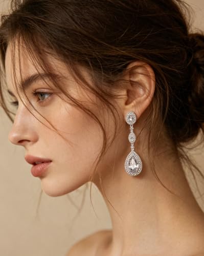 Crystal Teardrop Dangle Earrings Women, Silver Cubic Zirconia Drop Earrings for Bridal, Wedding, Bridesmaids,Prom, Pageant