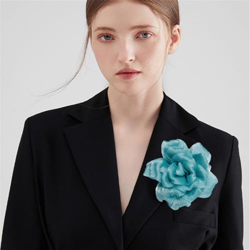 Flash Camellia Flower Brooch Pin for Women Men Elegant Texture Fabric Dahlia Rose Floral Brooches Lapel Pins Dainty Wedding Holiday Party Costume Dress Accessories Jewelry - color: Cyan