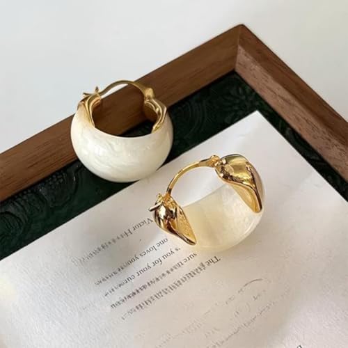 Retro Chunky Gold Brown Amber Hoop Earring, Trendy Boho White Resin Dangling Earrings for Women Dainty Minimalism Daily Party Jewelry Gifts Accessories - color: White
