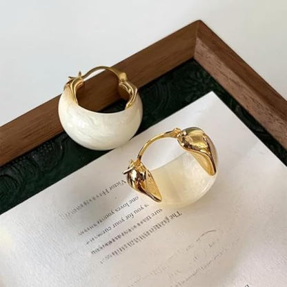 Retro Chunky Gold Brown Amber Hoop Earring, Trendy Boho White Resin Dangling Earrings for Women Dainty Minimalism Daily Party Jewelry Gifts Accessories - color: White