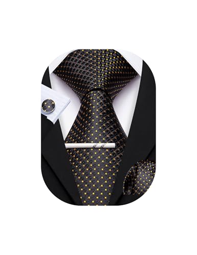 YOHOWA Men Plaid/Striped Ties Clip Set Silk Necktie Pocket Square Cufflinks | Woven Classic,Formal/Casual Mens Tie,Pocket Square Cufflinks Set,Luxury,Business,Wedding,Party,Prom,Graduation - color: Black Gold a