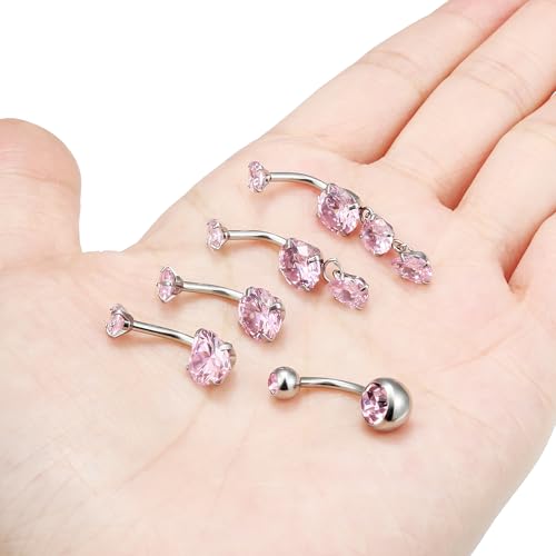 Vsnnsns 14G Dangle Belly Button Ring Piercing Jewelry 316L Stainless Surgical Steel Round Heart Cubic Zirconia Navel Rings Dangling Belly Button Ring Piercing Jewelry for Women 14 Gauge Hypoallergenic - color: Silver-12MM Bar-Pink CZ
